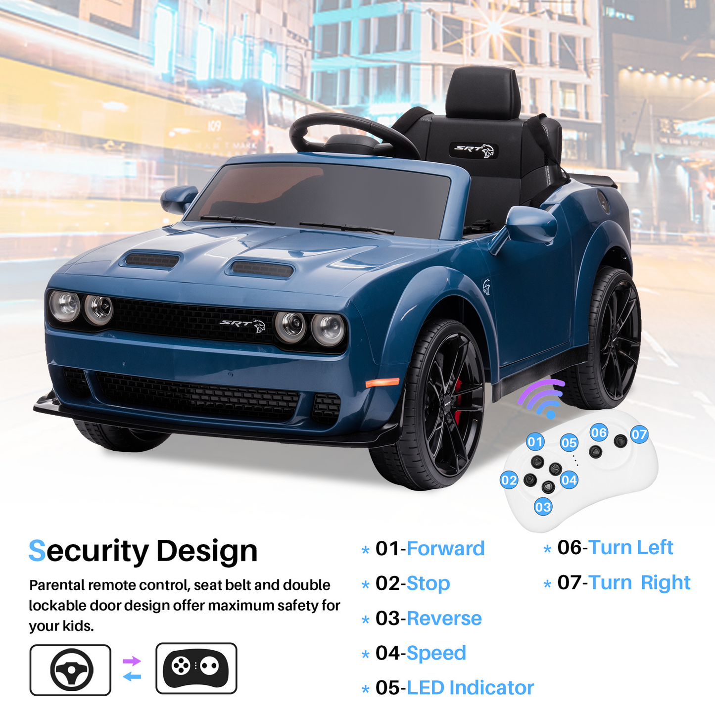 Power Dodge Challenger SRT Ride on Toy, 12 Volt Battery Powered Electric Car with Remote Control, Horn, LED Lights, USB Port for Boys Girls Birthday Gift, Blue