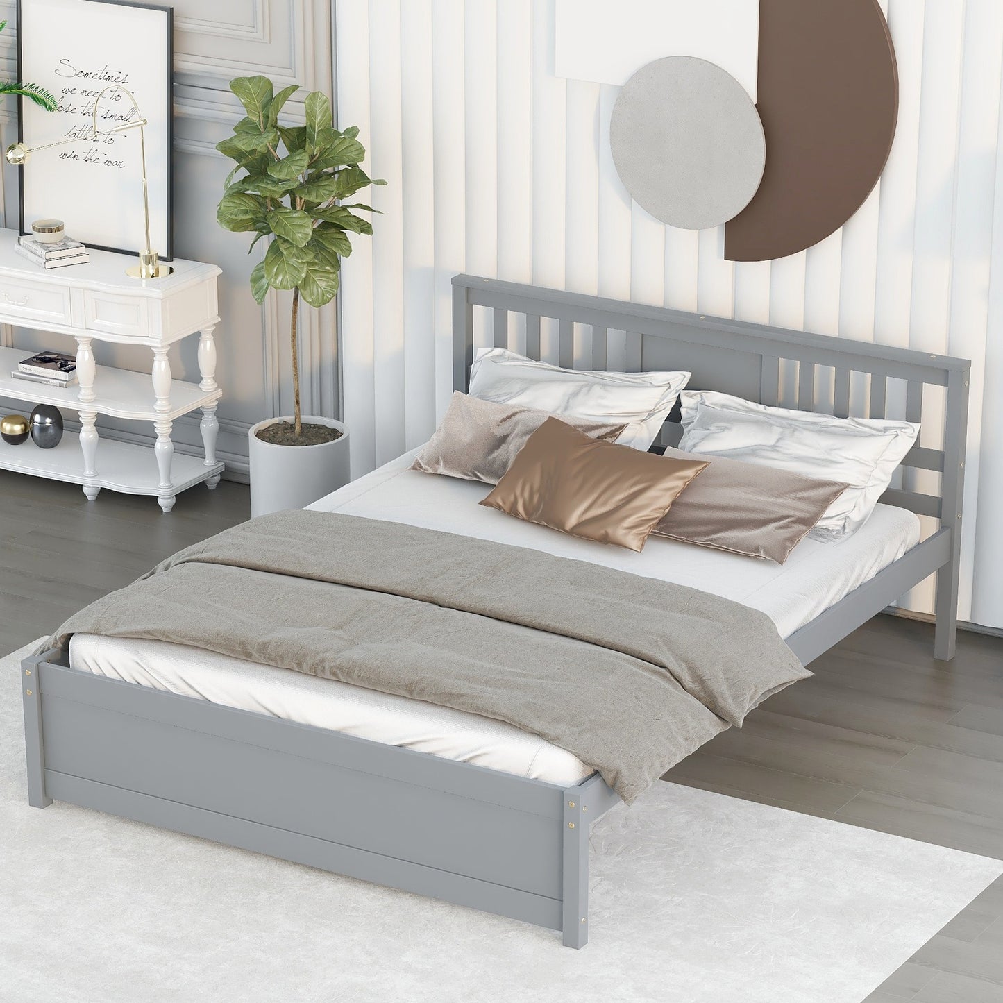 Syngar King Size Platform Bed with Headboard, Solid Wood Frame with Headboard, 800 Lbs. Weight Capacity, White, LJ2093