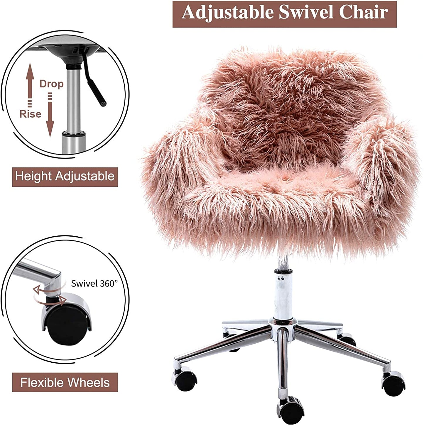 Modern Faux Fur Vanity Stool, Stylish Fluffy Upholstered Padded Dressing Chair, Height Adjustable Makeup Seat and Back w/ 360 Degree Swivel, Home Vanity Seat for Girls Bedroom Living Room, Pink, Y029