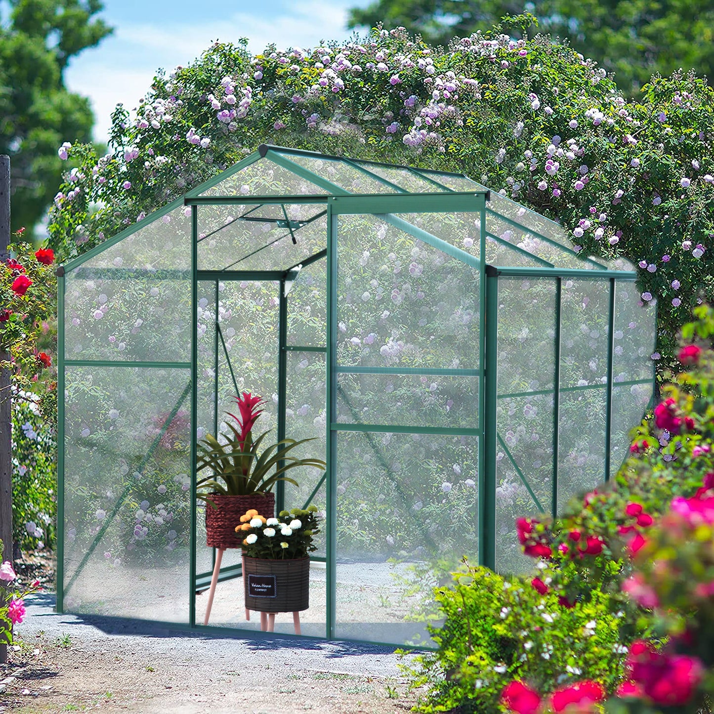 8' x 6' Walk-in Greenhouse for Outdoor, Garden Greenhouse with Metal Frame, Sliding Door, Adjustable Roof Vent and Rain Gutter, Backyard Greenhouse for Plants in Winter, Y004