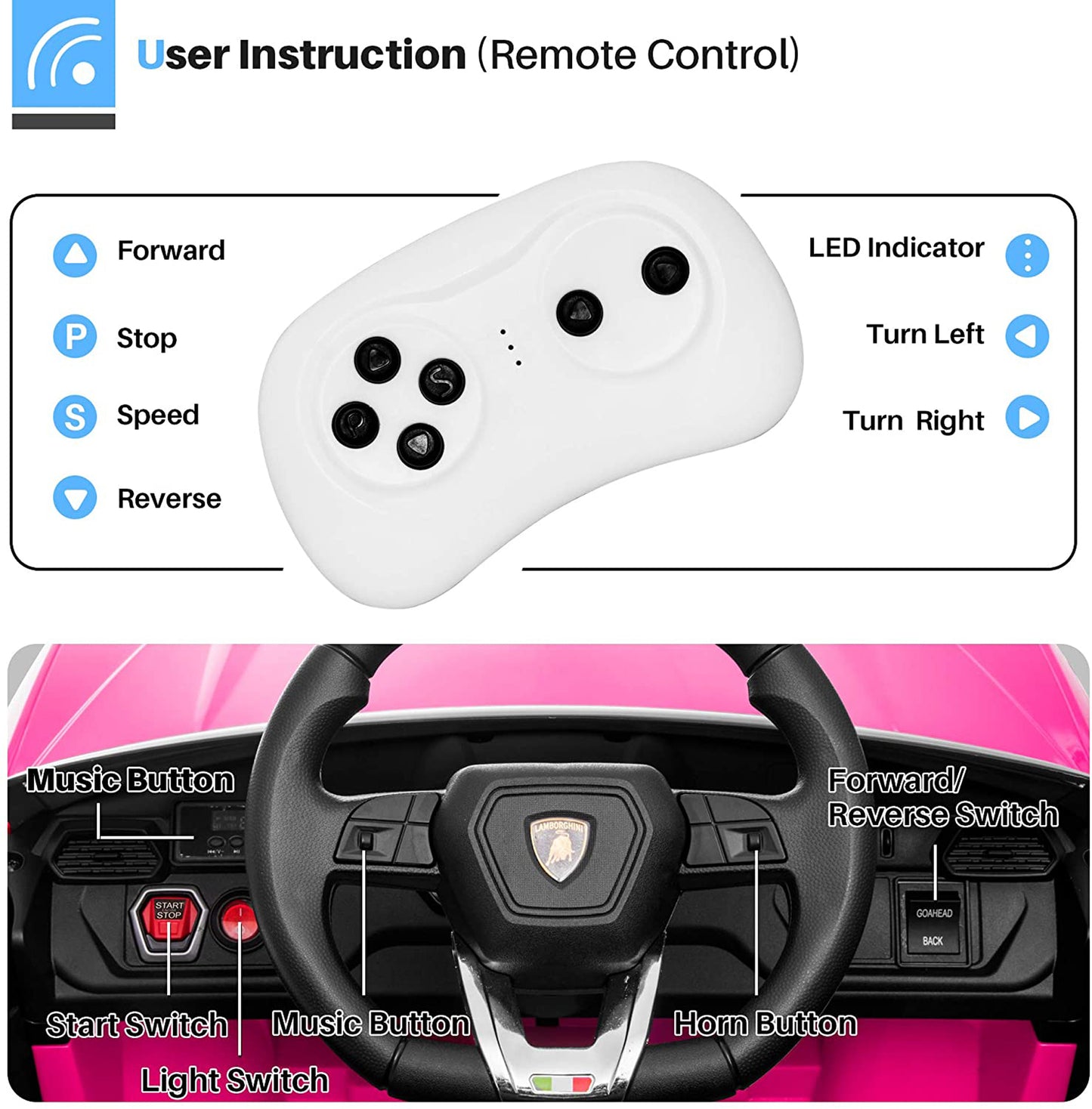 Pink Licensed Lamborghini Ride on Car, 12V Electric Ride on Toy with Remote Control, LED Lights, Music, Horn, Kids Toy Car Vehicle for Boys Girls, Y037