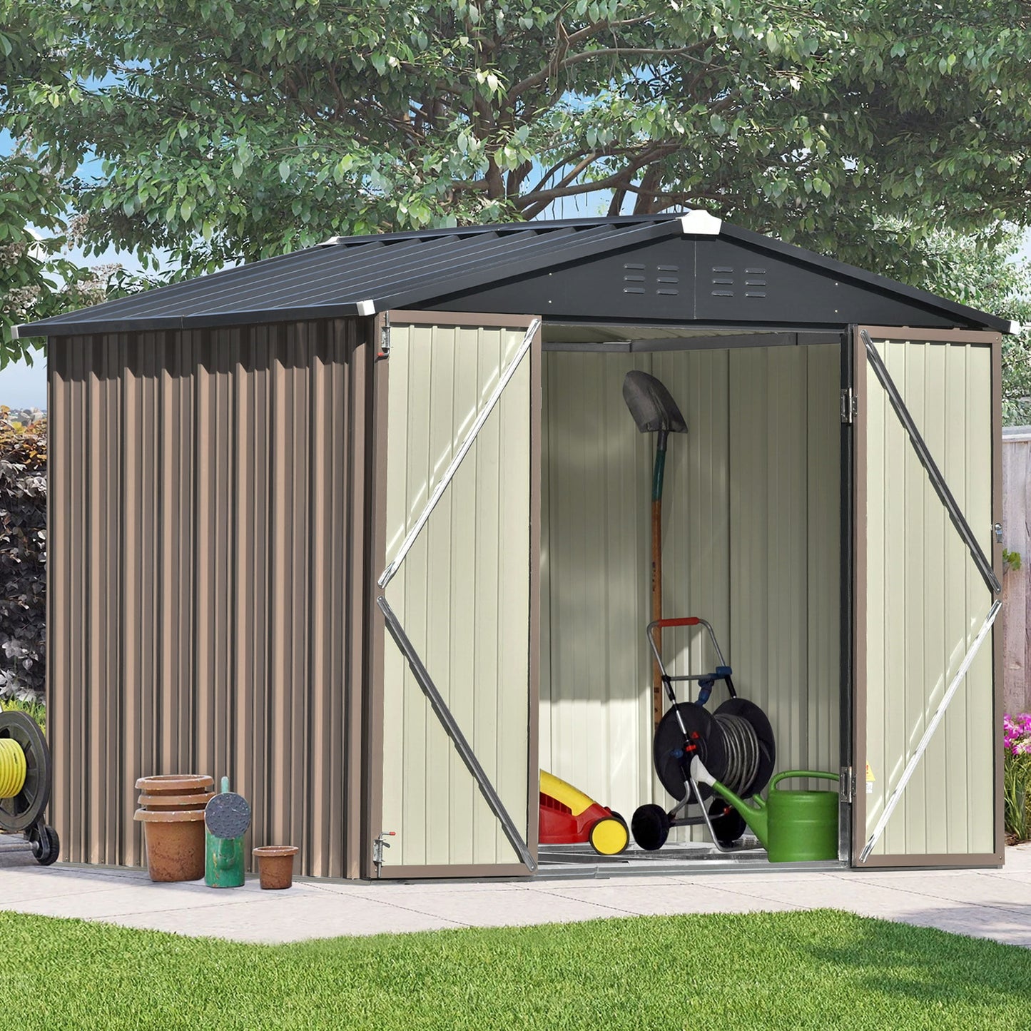 Outdoor Shed Storage Cabinet, 8FT X 6FT Garden Storage Shed Metal with Lockable Doors, Outside Vertical Shed Bike Shed