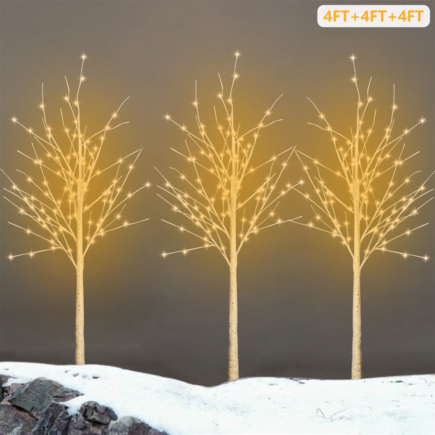 4ft White Birch Tree Set of 3, with LED Lights, for Christmas Decoration, Warm White, D4011