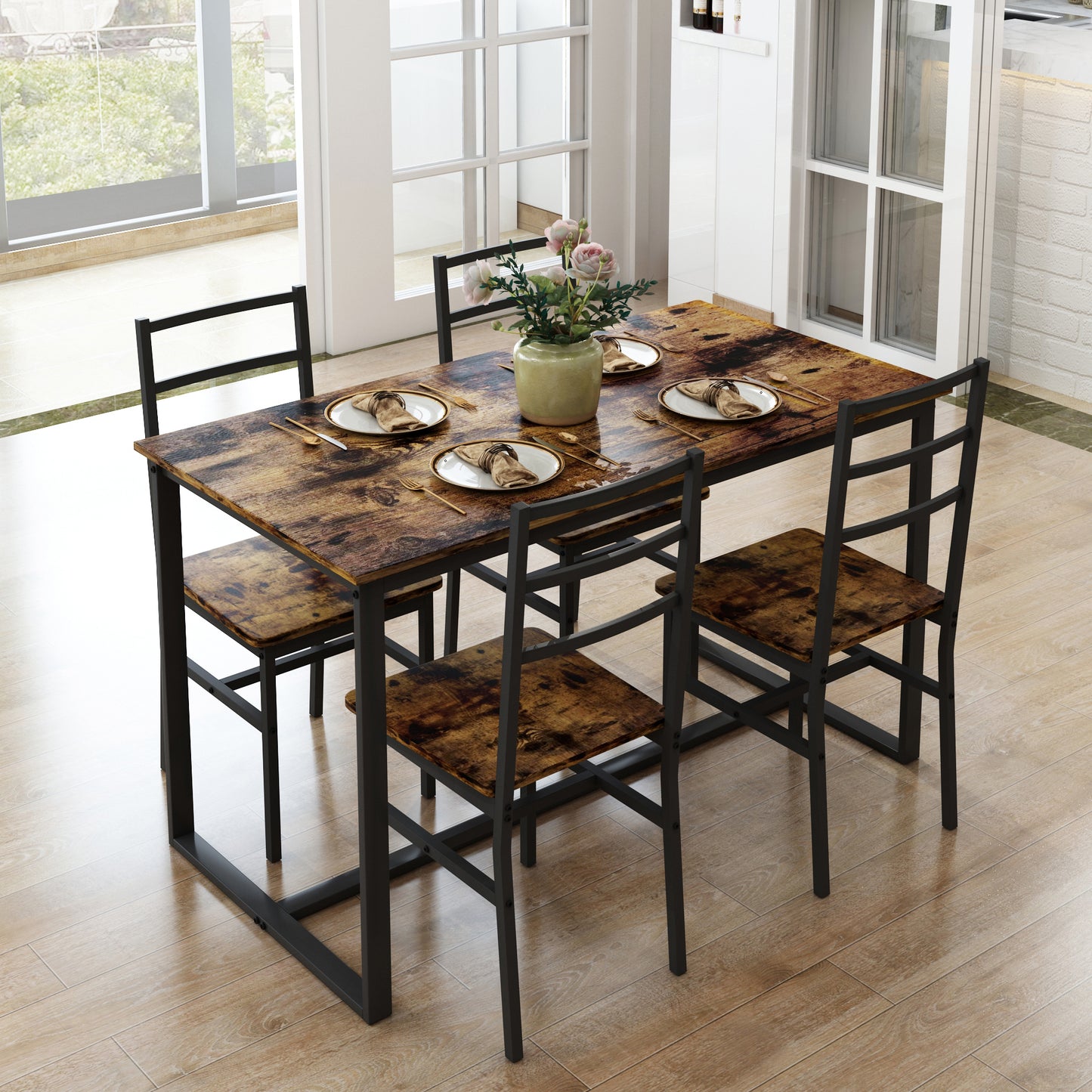 SYNGAR 5 Piece Dining Table Set, Modern Rustic Table and Chairs Set for 4, Home Kitchen Breakfast Table Set, Dinette Table Set with 4 Chairs, Wooden Tabletop and Steel Frame, D6114