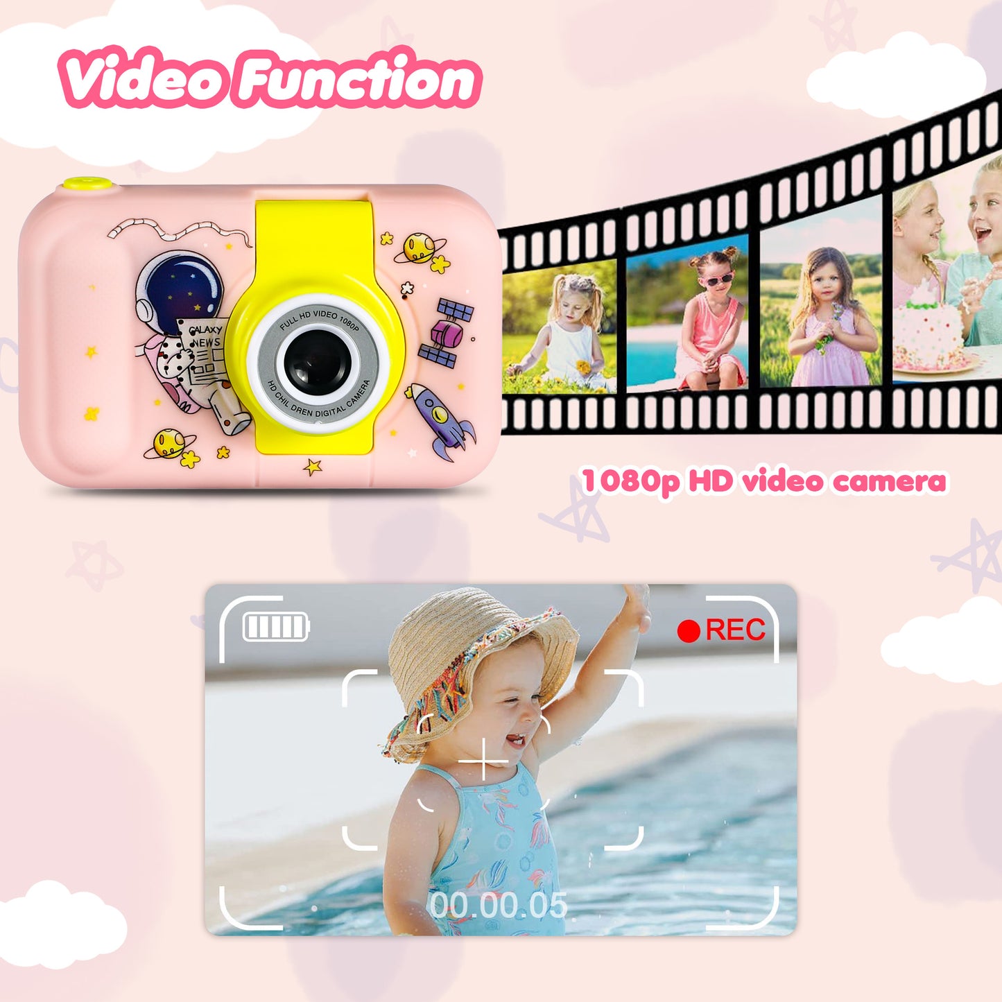 Reversible Kids Camera, 1080P Upgrade Selfie Camera with 32 GB Card, Kids Digital Camera for Girls Boys 3-8 Year Old, Perfect Christmas Birthday Festival Toys Gifts for Toddlers, Pink Astronaut
