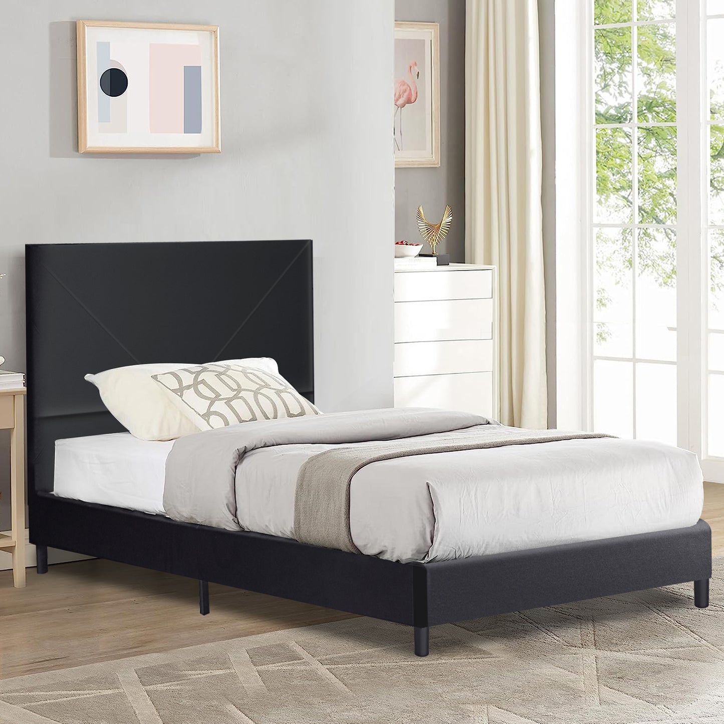 SYNGAR Black Upholstered Velvet Platform Bed Frame Queen Size with Elegant Headboard, Sturdy Frame Bedroom Furniture with Strong Wooden Slat Support, 800LBS Weight Capacity
