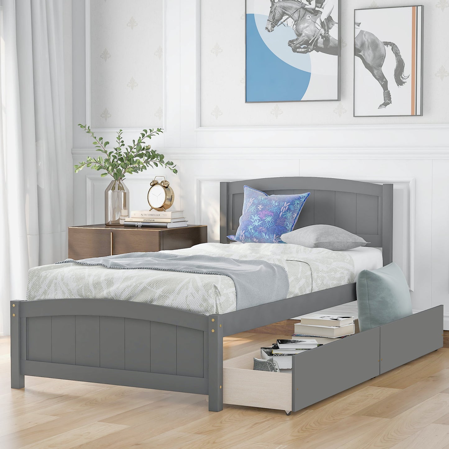 SYNGAR Twin Bed Frame with Storage Drawers, Pine Wood Platform Bed for Boys Girls Teens Adults, Gray, LJ712