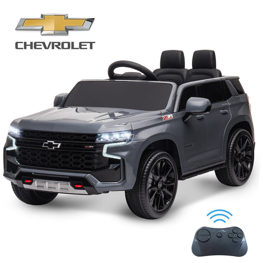 Syngar Chevrolet 12V Battery Powered Car Toy for Girls Boys, Kids Ride on Car with Remote Control, LED Light, MP3, Bluetooth, Seat Belt, Electric Truck for 3+ Kids Birthday Gift, Gray