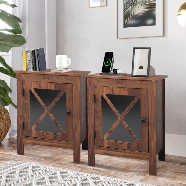 SYNGAR Walnut Farmhouse Nightstand Set of 2, Rustic Side Table End Table with Storage Drawer and Door for Bedroom Living Room