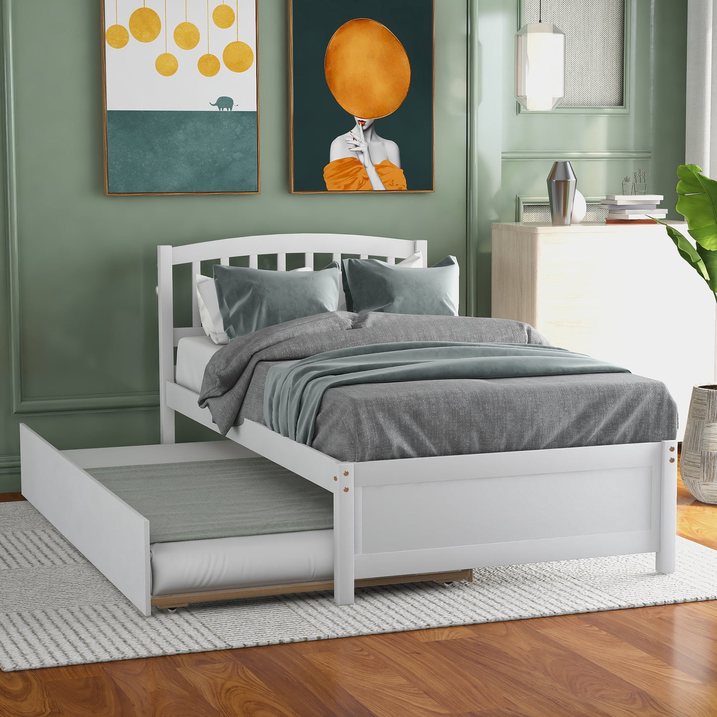 Trundle Bed Twin, Pine Wood Platform Bed Frame Twin Size with Trundle Included and Headboard for Boys Girls Bedroom Small Living Space, No Box Spring Needed, White, LJ3125