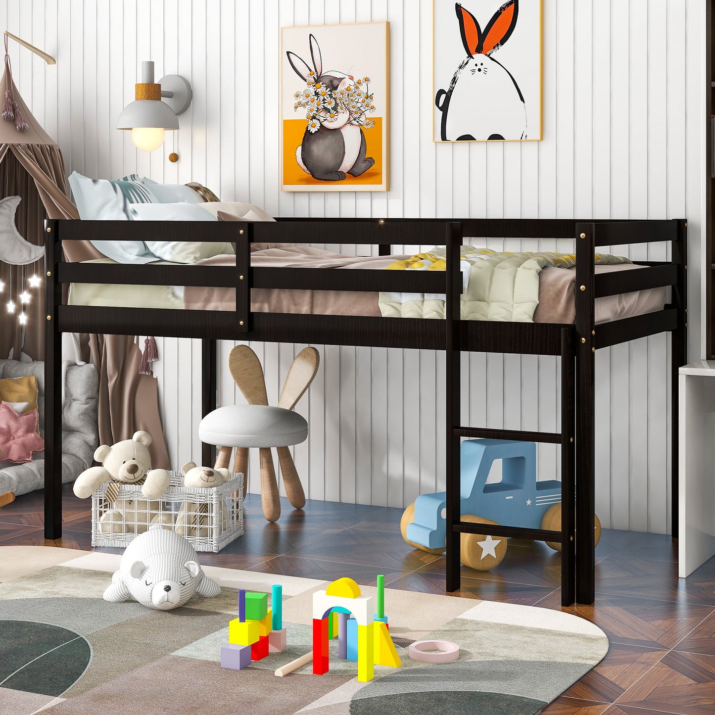 Low Twin Wood Loft Bed with Full-length Safety Rail and Ladder, Loft Bed Frame for Kids Toddlers, Solid Pine Wood, No Box Spring Needed, Espresso
