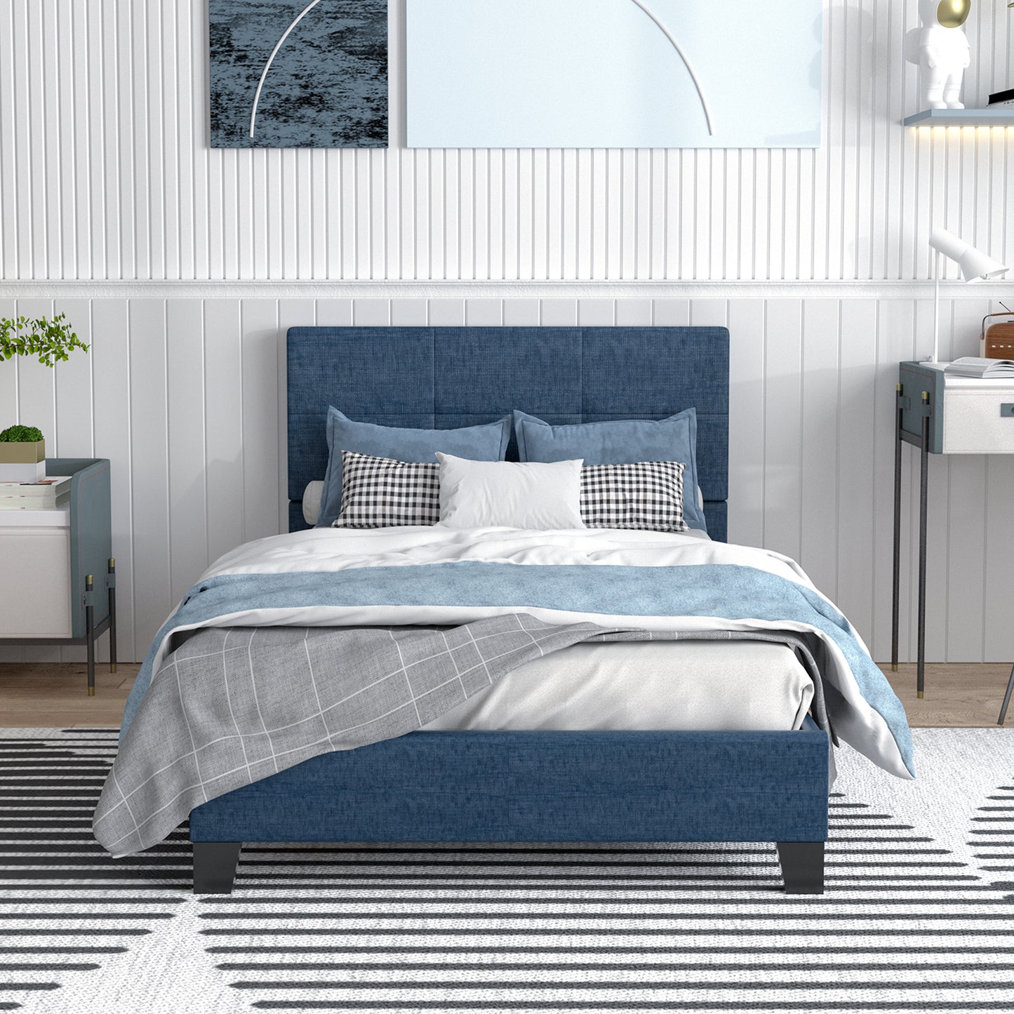 Dark Blue Upholstered Fabric Platform Bed Frame Queen Size with Tufted Square Stitched Headboard, Metal Frame Mattress Foundation with Strong Wooden Slat Support, 800LBS Weight Capacity