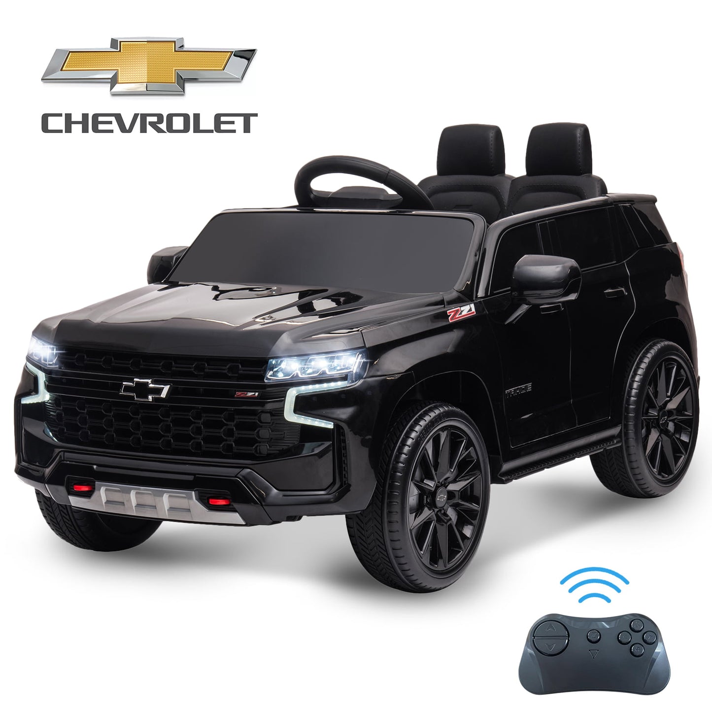 Syngar Chevrolet 12V Battery Powered Car Toy for Girls Boys, Kids Ride on Car with Remote Control, LED Light, MP3, Bluetooth, Seat Belt, Electric Truck for 3+ Kids Birthday Gift, Black