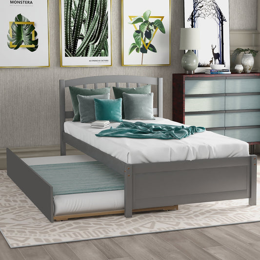 Trundle Bed Twin, Pine Wood Platform Bed Frame Twin Size with Trundle Included and Headboard for Boys Girls Bedroom Small Living Space, No Box Spring Needed, Gray, LJ3126