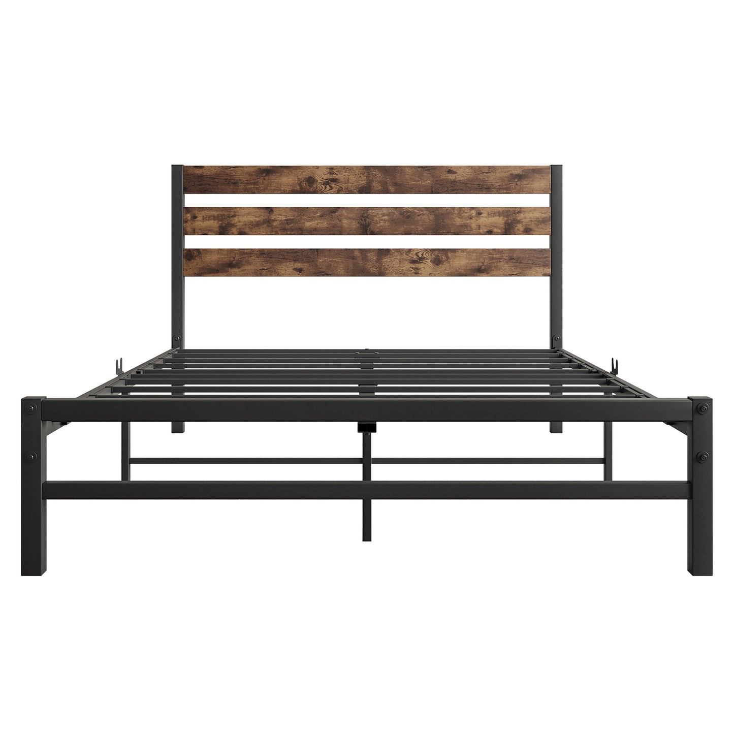 SYNGAR Black Full Size Bed Frame with Wooden Industrial Headboard, Iron Platform Bed Frame Full Metal Bed Mattress Foundation with 400LBS Capacity, No Box Spring Needed, Noise Free