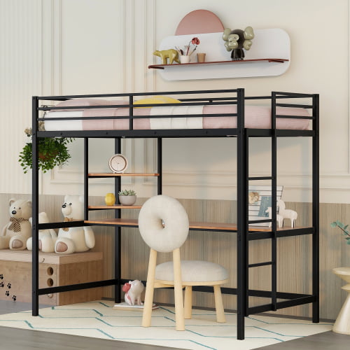 Twin Loft Bed Frame with Desk for Teens Kids, Classic Metal Bed Frames in Twin with Desk Ladder and Guardrails, Kids Bed Frame, Black, LJ502