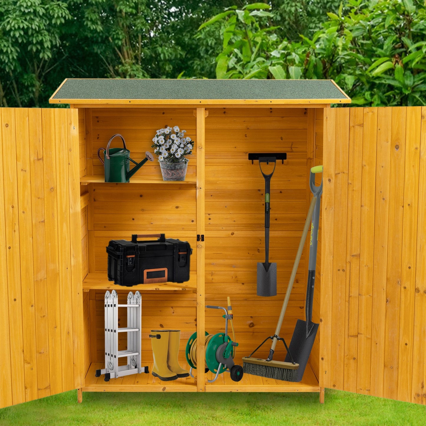 SYNGAR Patio Storage Shed with Detachable Shelves and Hooks, Outdoor Wood Shed with Waterproof Pitch Roof, Backyard Shed with Lockable Door, Bike Shed, Garden Shed, Tool Shed, Metal Shed, Natural