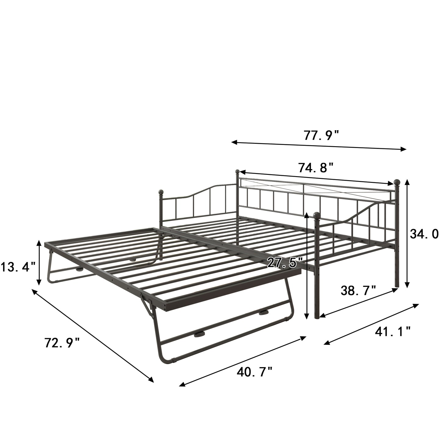 SYNGAR Metal Daybed with Trundle, Modern Home Twin Daybed with Pop Up Trundle for Living Room/Bedroom, Twin Size Sofa Bed W/ Steel Slats Support, Platform Bed Frame No Box Spring Needed, Black, D6606