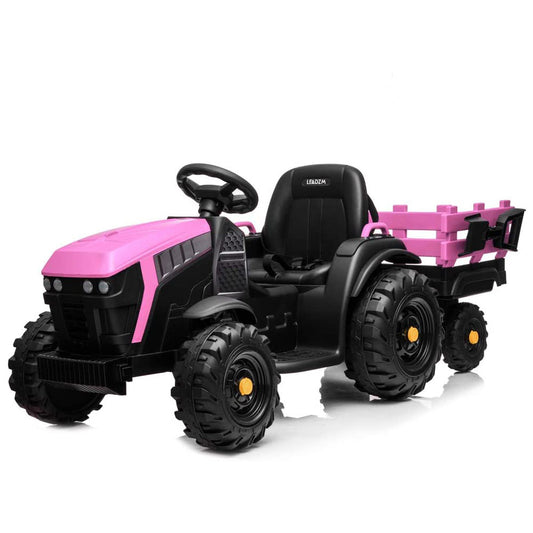 Kids Electric Tractor with Trailer, 12V Power Children Ride On Tractor, Kids Ride on Car, 2 Speeds Children's Riding Car with Leather Seat Music Lights for 3 to 8 Years, K1028