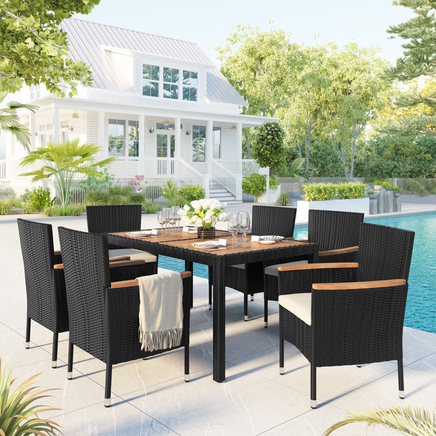 SYNGAR 7 Piece Outdoor Dining Set, All Weather PE Wicker Dining Table Set, Patio Rattan Furniture Set with Rectangular Acacia Wood Table and 6 Cushioned Chairs, for Backyard, Poolside, Balcony, D7335