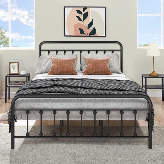 Black Iron Platform Bed Frame Queen Size with Vintage Headboard and Footboard, Metal Queen Bed Frame Mattress Foundation with 600LBS Load Capacity, No Box Spring Required, Space Saving Design
