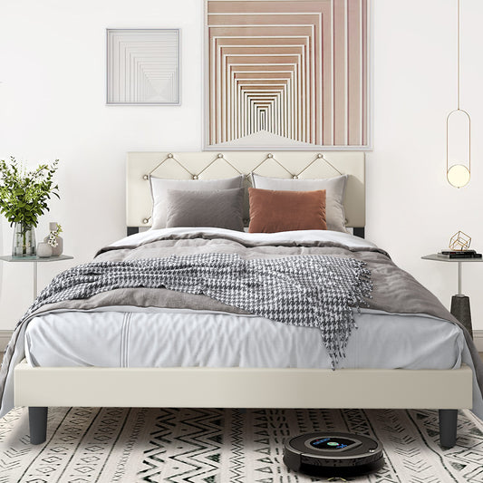 White Fabric Upholstered Platform Bed Frame Queen Size with Height Adjustable Headboard, Mattress Foundation with Strong Wooden Slat Support, No Box Spring Needed