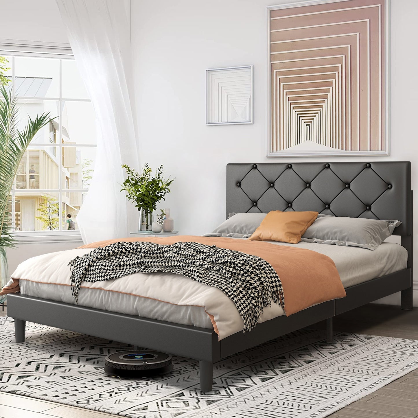 SYNGAR Black Faux Leather Upholstered Platform Bed Frame Queen Size with Height Adjustable Headboard, Metal Mattress Foundation with Strong Wooden Slat Support, No Box Spring Needed