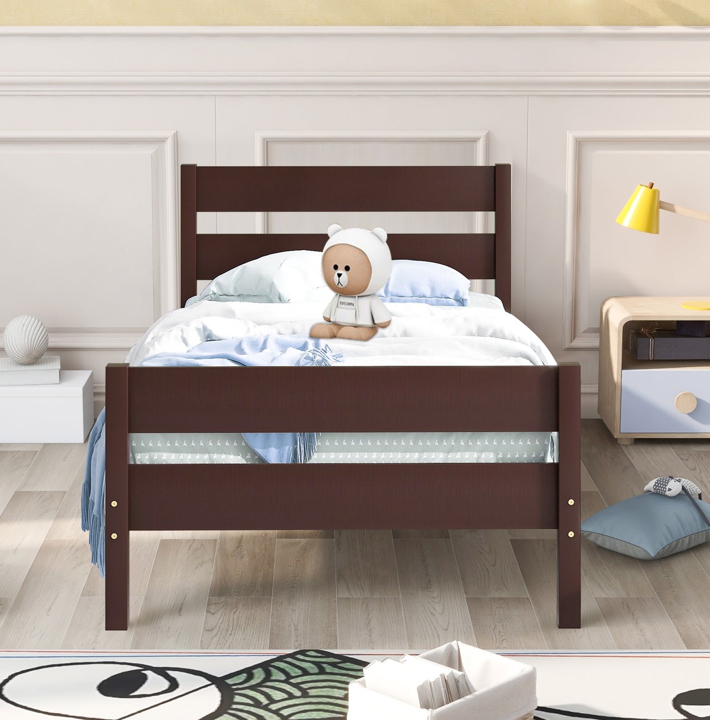 Wood Twin Platform Bed Frame with Headboard and Footboard for Kids Boys Girls Teens Adults, Espresso, LJ797
