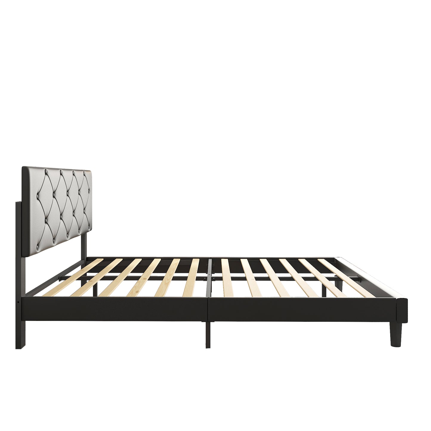 SYNGAR Black Faux Leather Upholstered Platform Bed Frame Queen Size with Height Adjustable Headboard, Metal Mattress Foundation with Strong Wooden Slat Support, No Box Spring Needed
