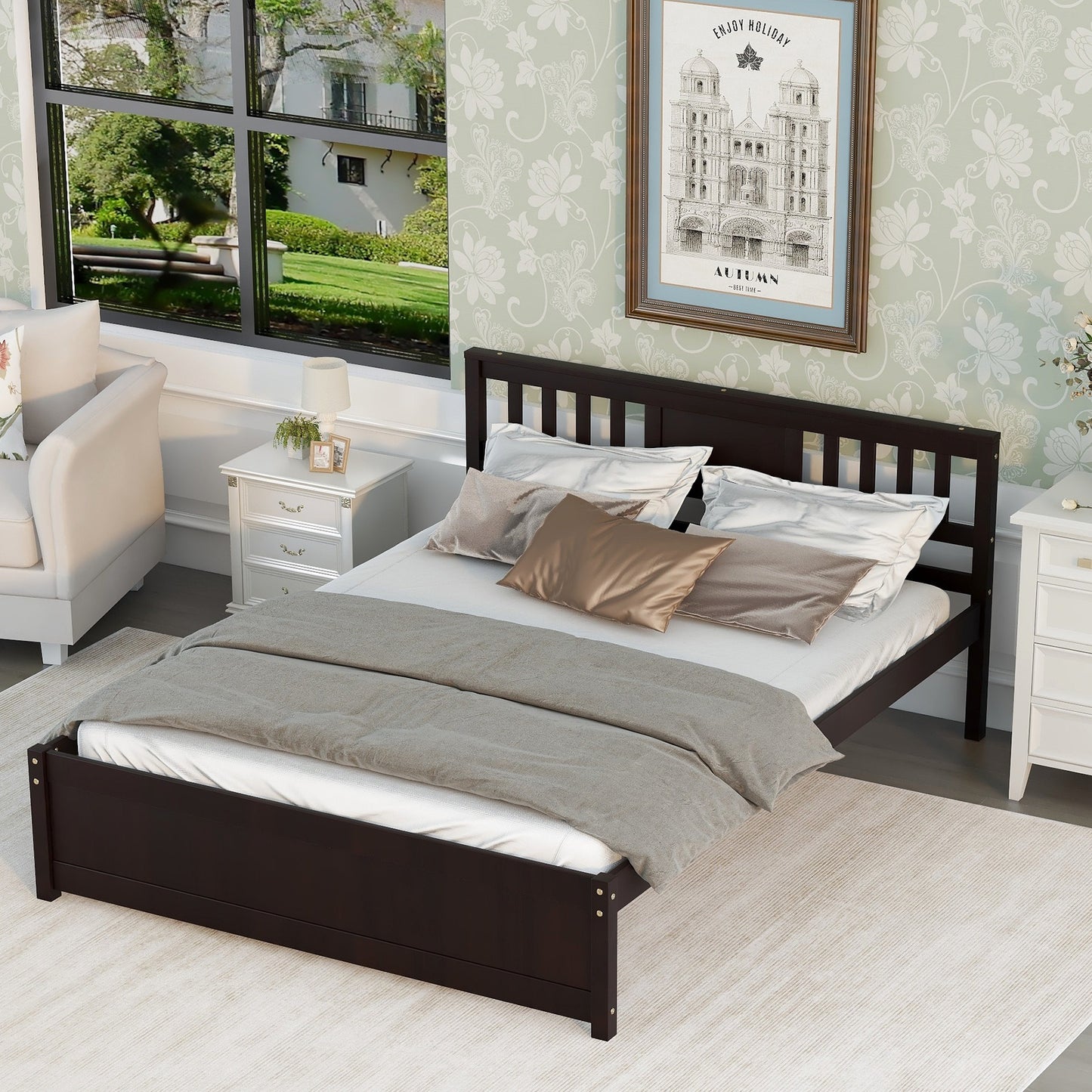 Syngar King Size Platform Bed with Headboard, Solid Wood Frame with Headboard, 800 Lbs. Weight Capacity, White, LJ2093