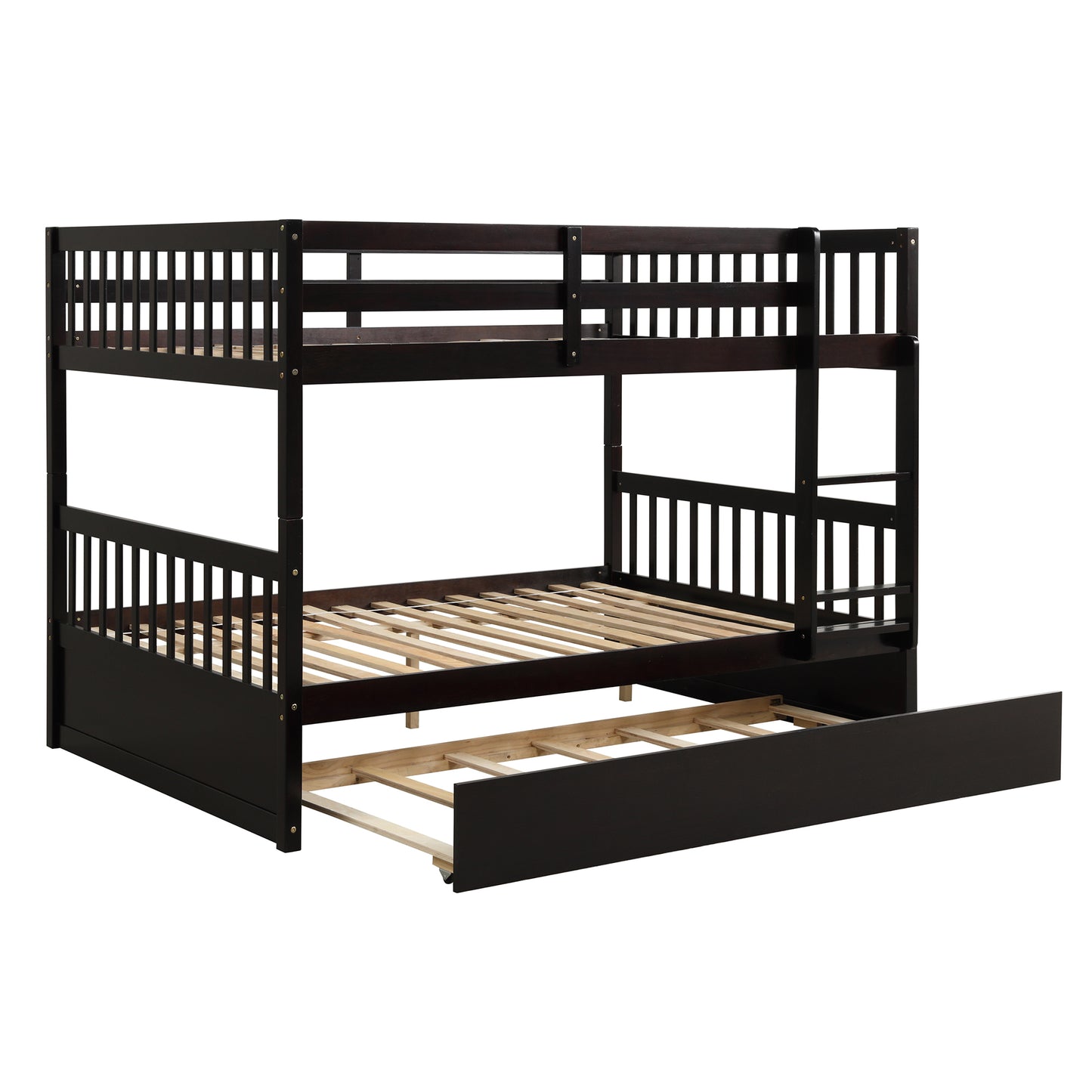 SYNGAR Espresso Bunk Bed with Trundle, Full Over Full Bunk Beds with Ladder, Solid Wood Trundle Bed with Safety High Guardrails, Convertible Bunk Bed for Kids, Boys, Girls, Teens, Adults