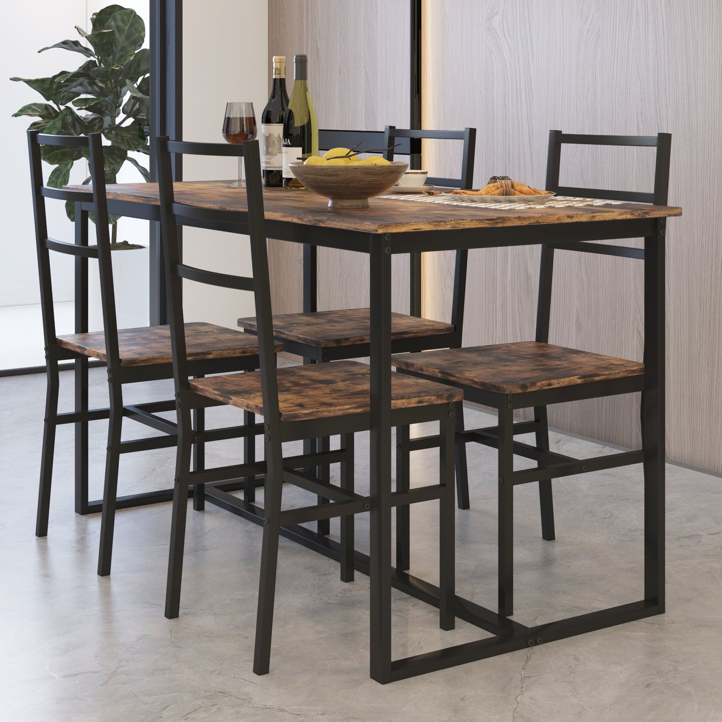 5 Piece Dining Table Set, Modern Rustic Table and Chairs Set for 4, Home Kitchen Breakfast Table Set, Dinette Table Set with 4 Chairs, Wooden Tabletop and Steel Frame, D6113