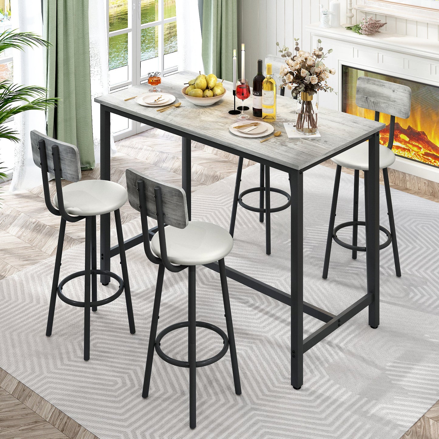 Modern Bar Table Set, Kitchen Table and Chairs for 4, 5 Piece Counter Height Dining Set with 4 Cushioned Stools, Extra Long Bistro Pub Table Set, Breakfast Dining Table Set, Gray