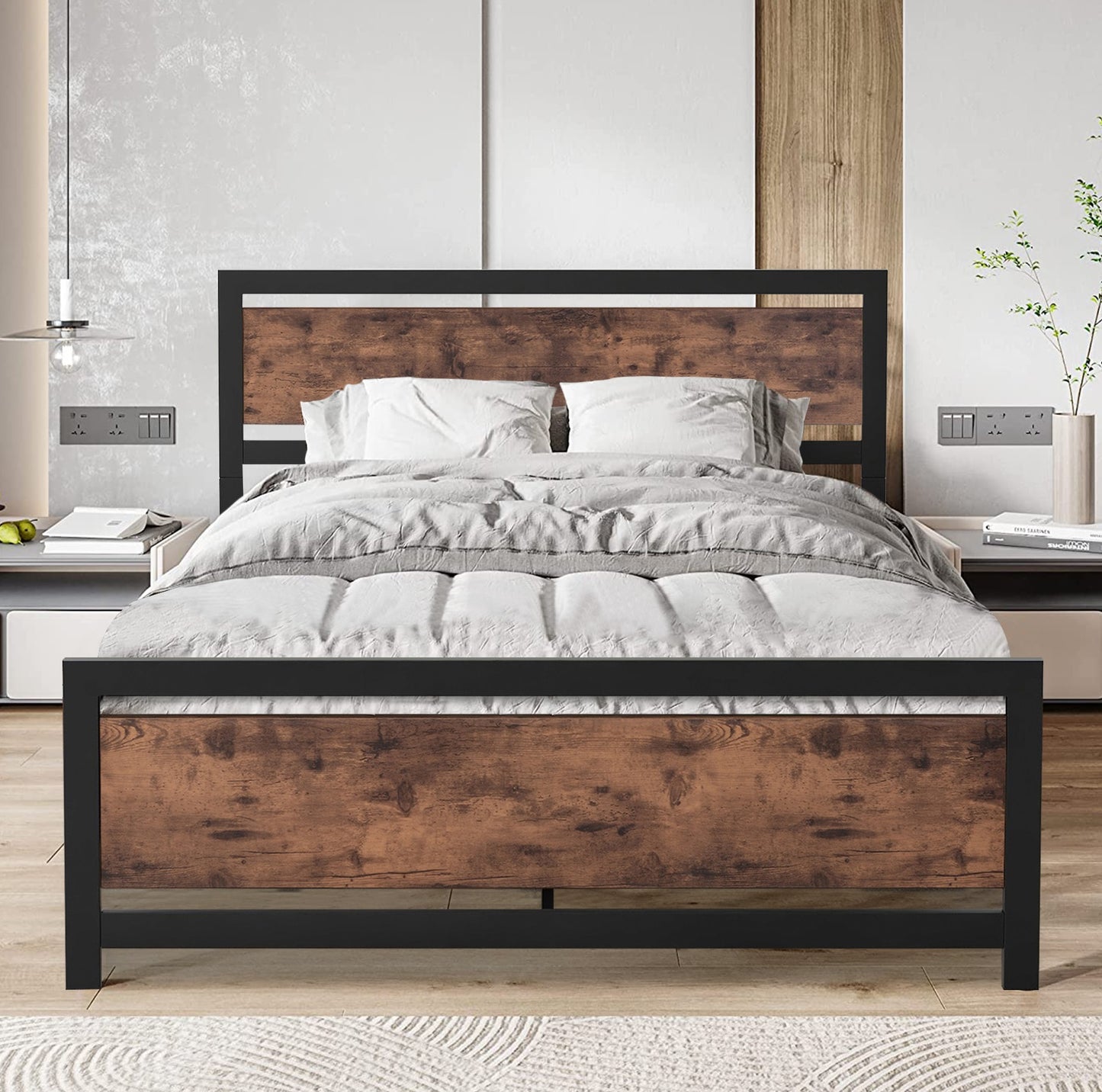 Full Size Bed Frame for Teens Kids, Industrial Platform Bed Frame with Sturdy Metal Slats, No Box Spring Needed, Black, LJ919