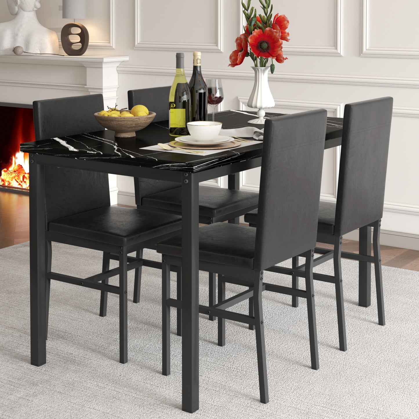 SYNGAR 7 Piece Dining Set, Modern Dining Table and Chairs Set for 6, Kitchen Dining Table Set with Faux Marble Tabletop and 4 PU Leather Upholstered Chairs, for Small Space, Breakfast Nook, D9212