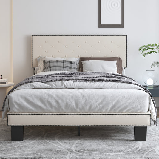 SYNGAR Upholstered Fabric Platform Bed Frame Full Size with Button Tufted and Height Adjustable Headboard, Metal Frame Mattress Foundation with Strong Wooden Slat Support