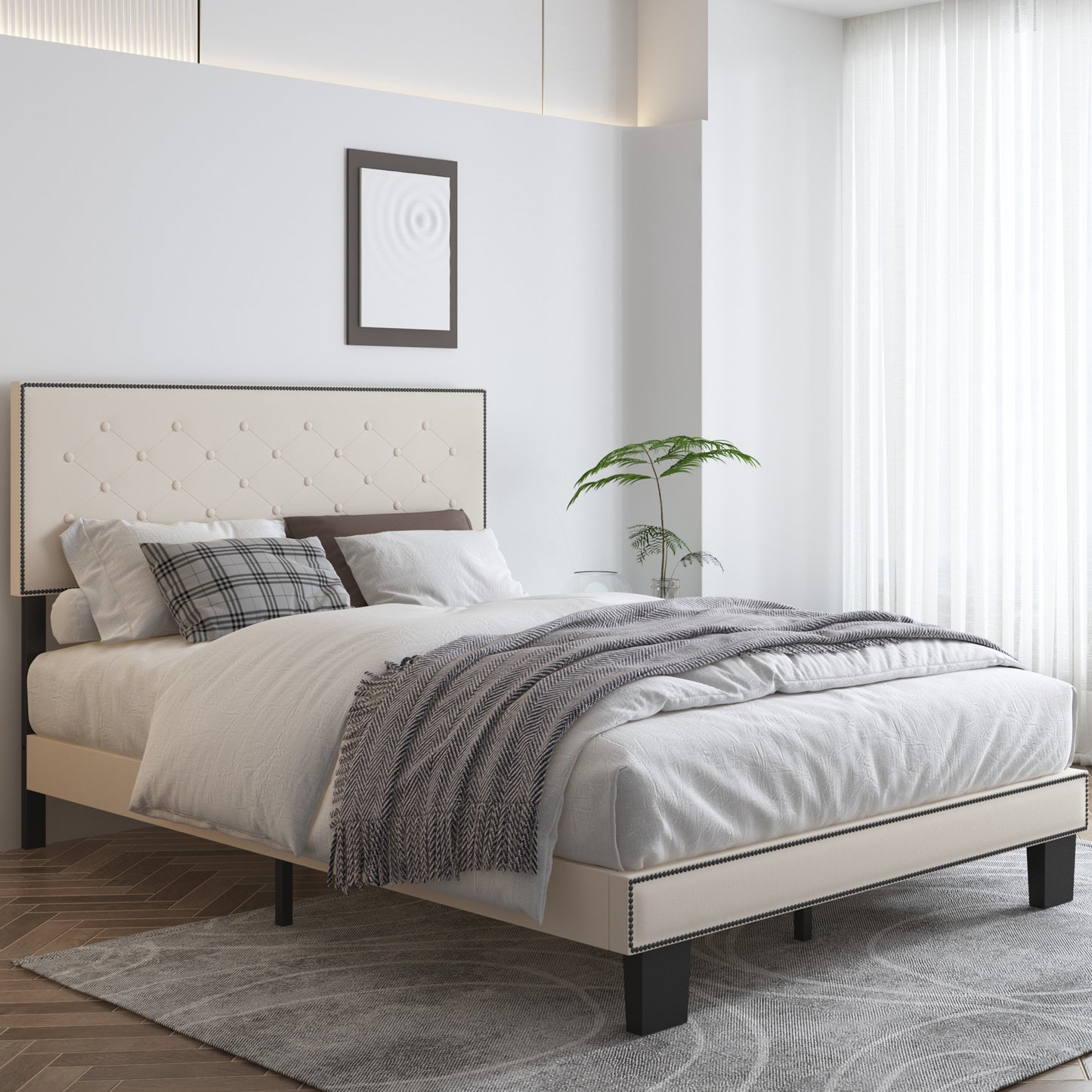 SYNGAR Upholstered Full Platform Bed Frame Height Adjustable, Full Size Storage Bed with Button Tufted Headboard, Metal Mattress Foundation with Strong Slats, No Box Spring Needed, Beige