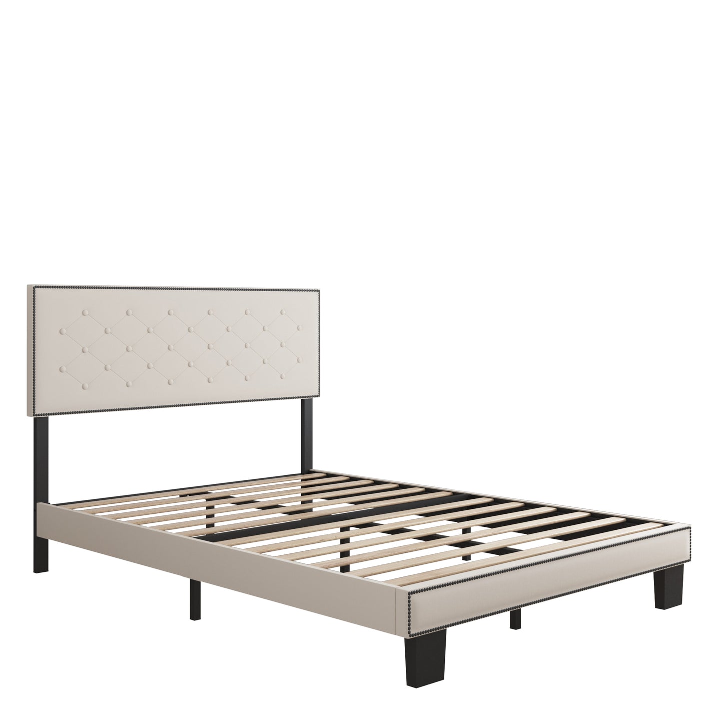 SYNGAR Upholstered Full Platform Bed Frame Height Adjustable, Full Size Storage Bed with Button Tufted Headboard, Metal Mattress Foundation with Strong Slats, No Box Spring Needed, Beige