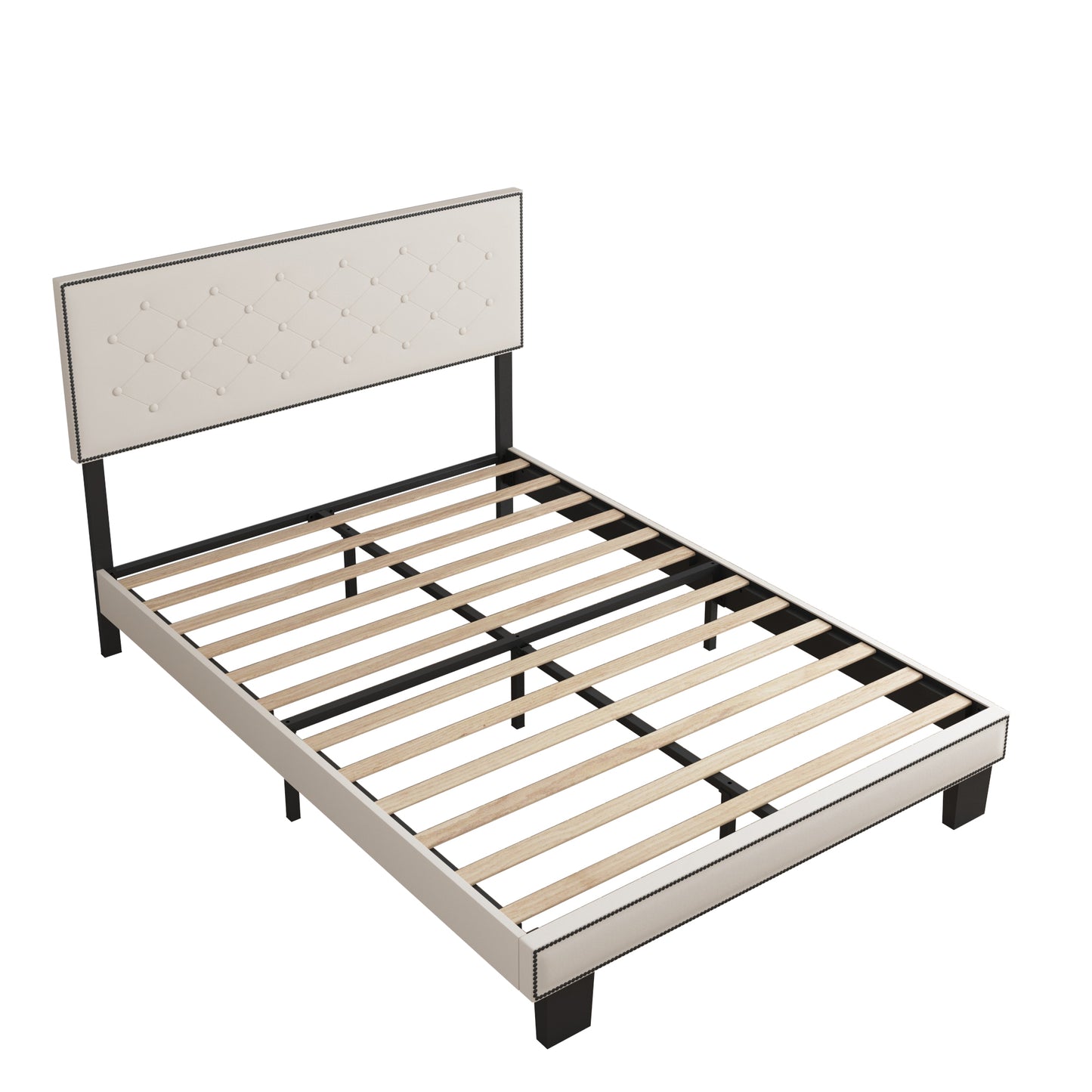 SYNGAR Upholstered Fabric Platform Bed Frame Full Size with Button Tufted and Height Adjustable Headboard, Metal Frame Mattress Foundation with Strong Wooden Slat Support