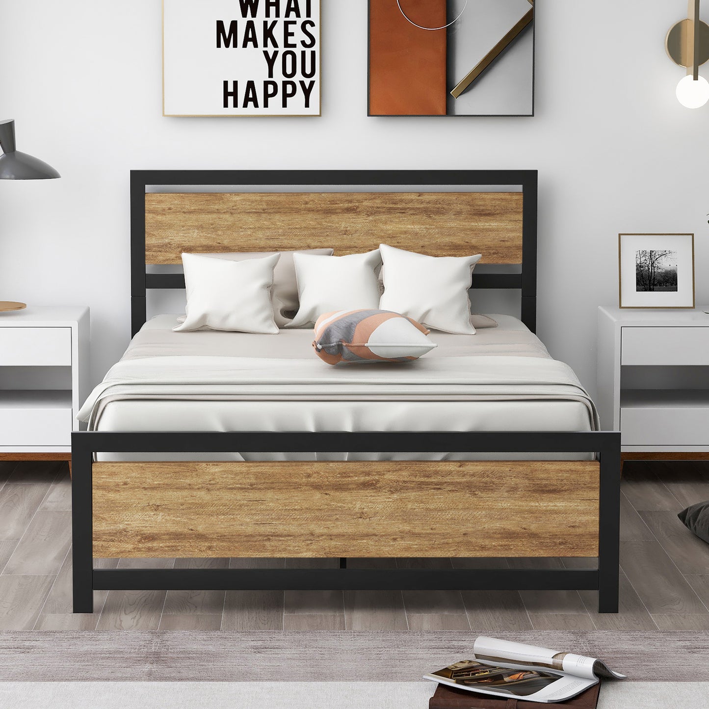 SYNGAR Full Size Metal Platform Bed Frame with Industrial Headboard, Steel Legs, Underbed Storage, Bedroom Furnitrue with Strong Slat Support, No Box Spring Needed, Black