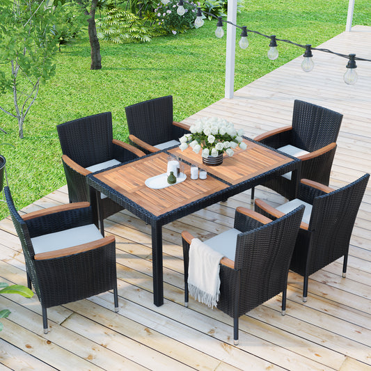SYNGAR 7 Piece Outdoor Dining Set, All Weather PE Wicker Dining Table Set, Patio Rattan Furniture Set with Rectangular Acacia Wood Table and 6 Cushioned Chairs, for Backyard, Poolside, Balcony, D7335