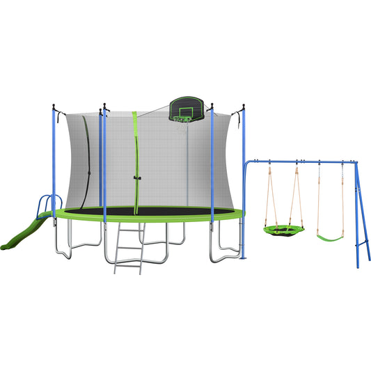 Trampoline and Swing Set, 12FT Trampoline with Slide, Basketball Hoop and Enclosure Net, Outdoor Jumping Fitness Trampoline for Yard, Patio, School, Recreational Trampoline for Kids/Adults, D7691