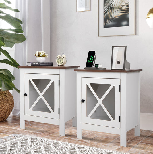 SYNGAR White Farmhouse Nightstand Set of 2, Rustic Side Table End Table with Storage Drawer and Door for Bedroom Living Room