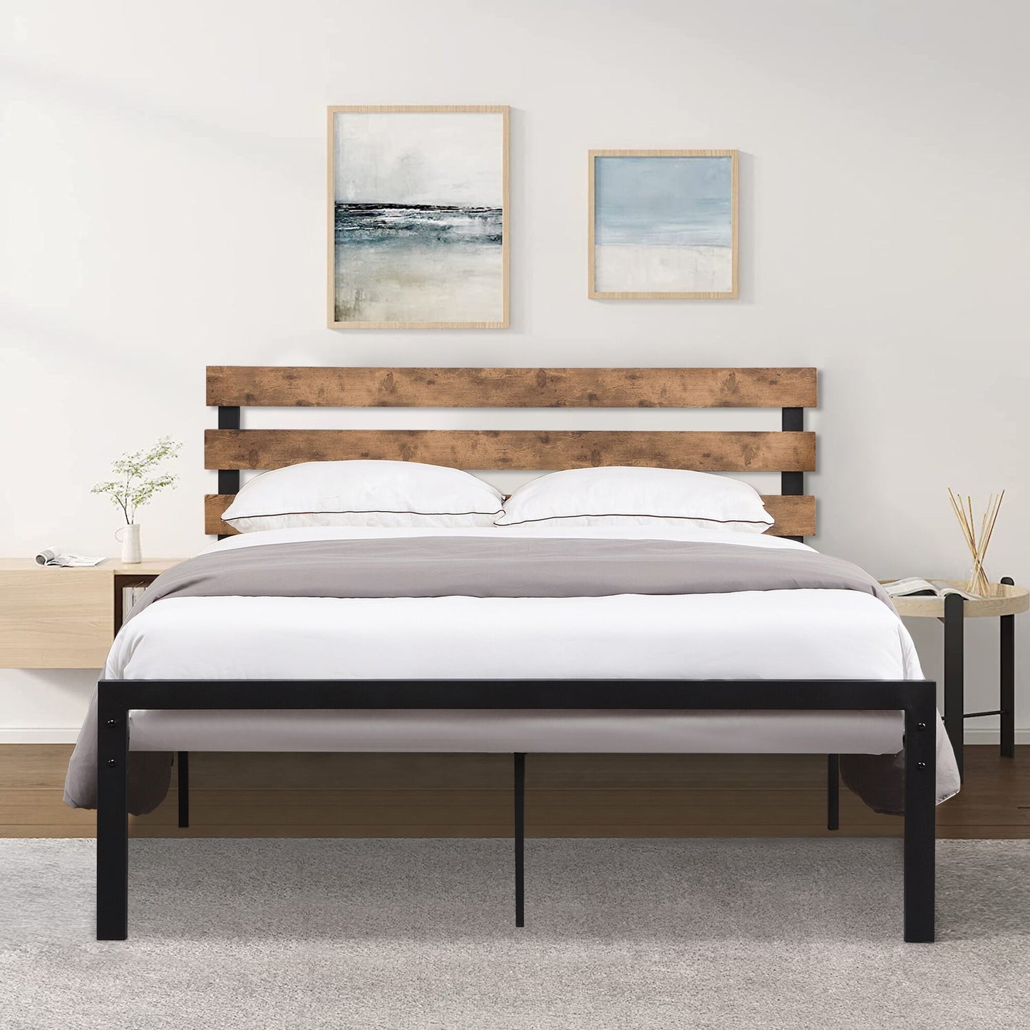 SYNGAR Black Metal Platform Bed Frame Full Size with Wooden Headboard, Steel Legs, Underbed Storage, Strong Slat Support, No Box Spring Needed, Rustic Full Bed Frame for Kids Teens Adults
