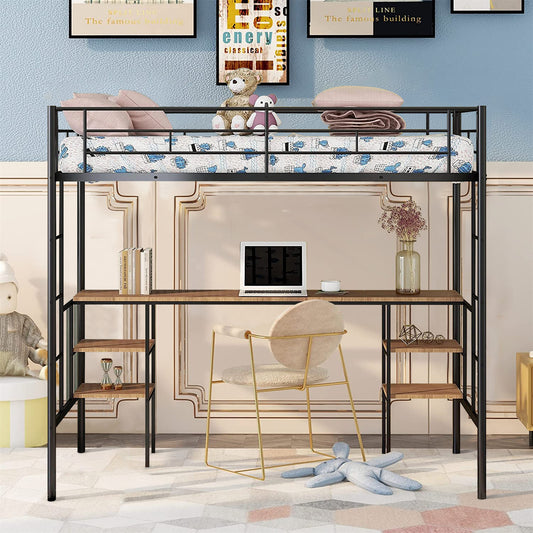 SYNGAR Metal Twin Loft Bed with Desk and Storage Shelves, Space-Saving Bed Frame with Bilateral Ladders and Safety Guard Rails for Kids Teens Adults, No Box Spring Needed
