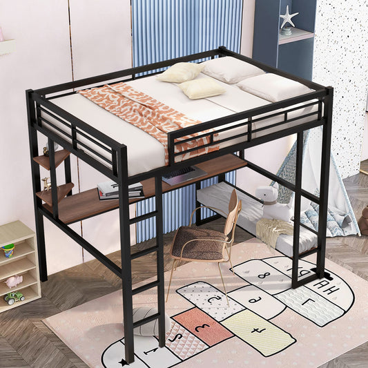 Full Loft Bed, New Upgraded Metal Bunk Bed with Long Desk & Shelves, Full Size Bed Frame No Box Spring Needed, Loft Bed with Vertical Ladder, Full Bunk Bed Kids Bedroom Furniture, Black