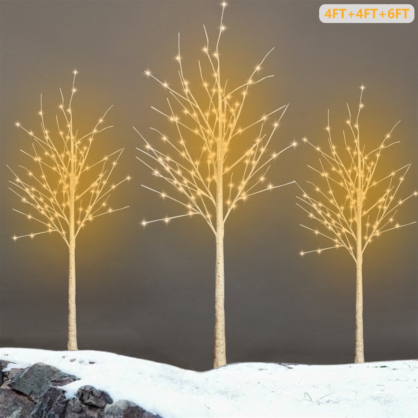 White Birch Trees, Set of 3, 4ft, 4ft and 6ft, Christmas Tree with LED Lights, Lighted Trees for Christmas Decoration, Home, Garden, Wedding, Festival Party, Indoor and Outdoor Use, Warm White, D4007