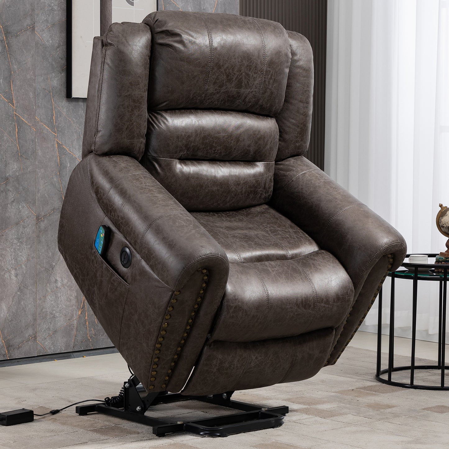 Power Lift Recliner Chair with Heat Therapy and Massage Function, Electric Lift Chair Recliner Fabric Single Sofa, Heavy Duty Living Room Furniture Home Theater Seating, 2 Large Side Pockets, Brown