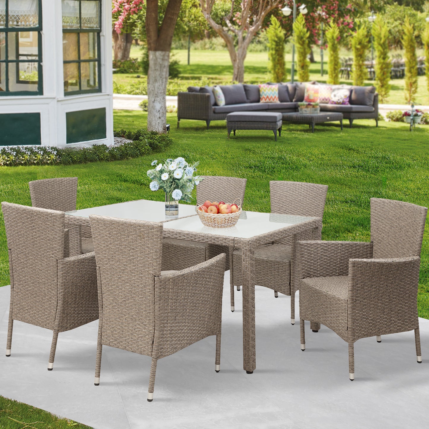 Outdoor Furniture Set, 7 Pieces Patio Dining Sets with 6 Chairs, Tempered Glass Top Table, and Soft Cushions, Outdoor Table and Chairs for Backyard Garden Poolside Deck, LJ3967