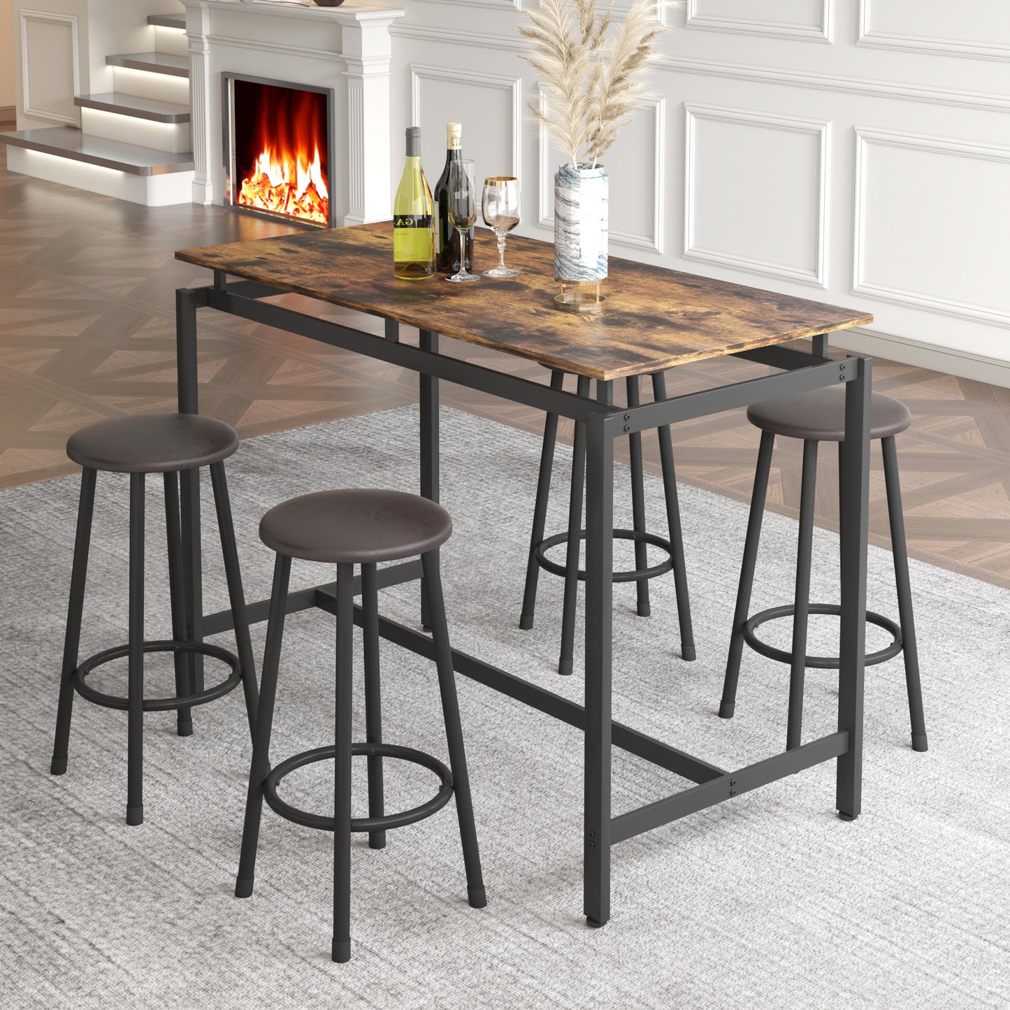 SYNGAR 5 Piece Pub Table Set, Counter Height Faux Marble Bar Table Set with 4 PU Leather Cushioned Stools, Modern Home 4-Person Dining Table Set, Kitchen Breakfast Table and Stools Set, Y010